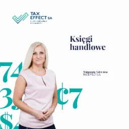 Zdjęcie przedstawia portret kobiety na tle z logo i tekstem 'Księgi handlowe' oraz elementami graficznymi w kolorze turkusowym, sugerującymi usługi finansowe.