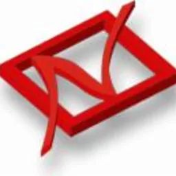 Czerwone logo w postaci stylizowanej litery 'N' wpisanej w kwadratową ramkę, rzucające cień.