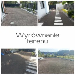 Cztery ujęcia terenu po wyrównaniu, przygotowanego pod trawnik: widok ogólny, ścieżka z płyt, granica z roślinami. Na jednym ze zdjęć widoczny mały traktor.