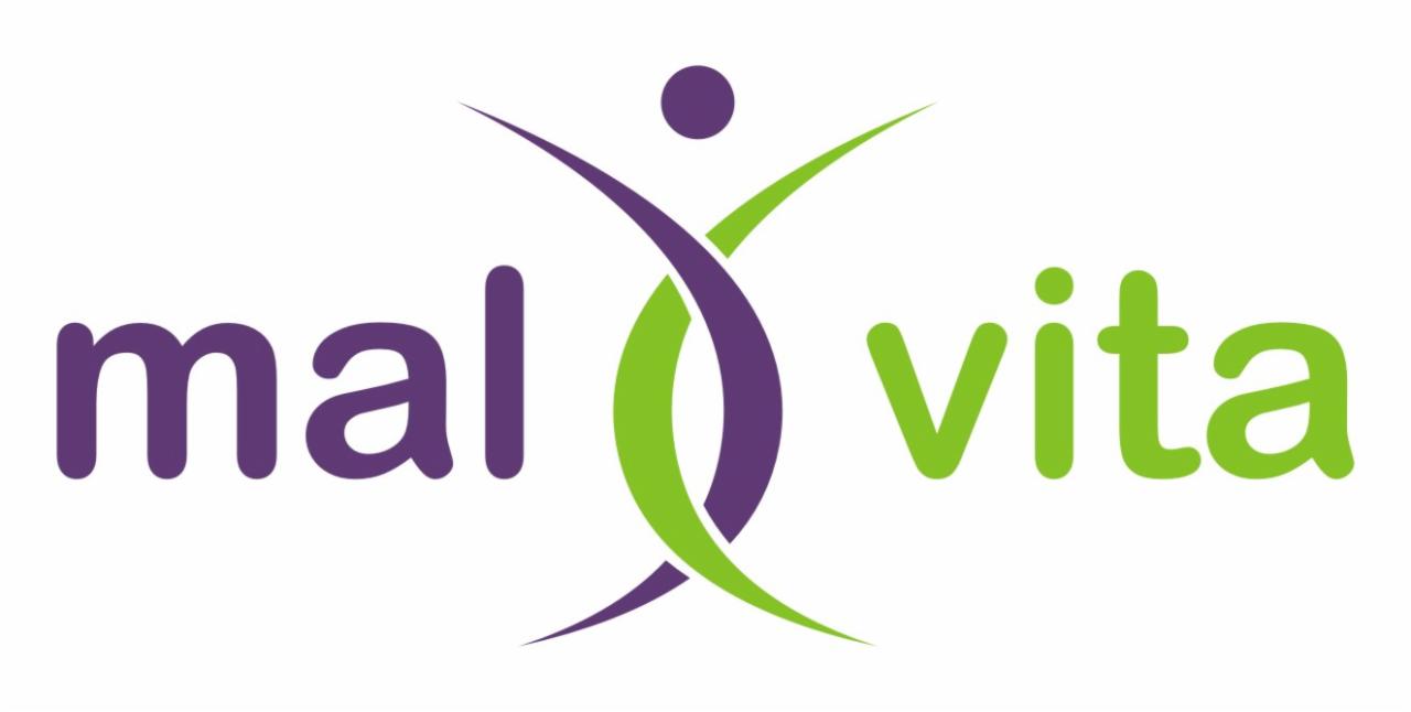 Logo firmy Malvita z fioletowym napisem 'mal' i zielonym napisem 'vita', z symbolem stylizowanej sylwetki osoby w kolorach fioletowym i zielonym.