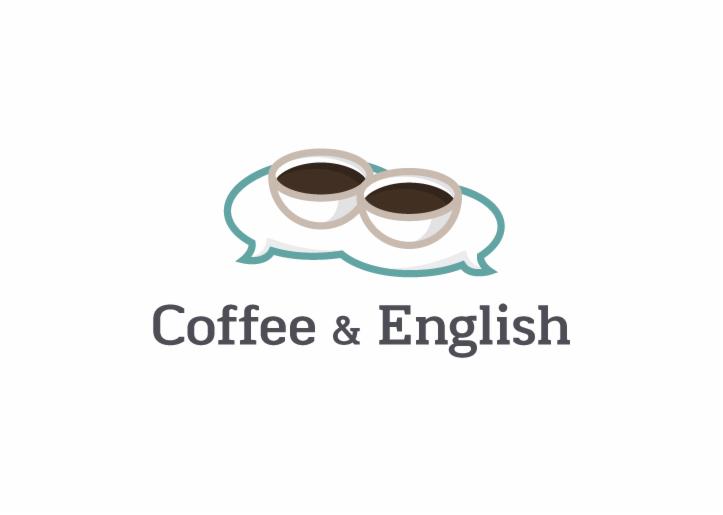 Logo przedstawiające dwie filiżanki kawy umieszczone w dymku dialogowym, z napisem 'Coffee & English' poniżej.