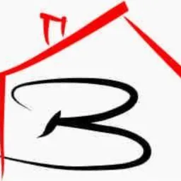 Stylizowany rysunek domu z czerwoną linią dachu i czarną literą 'B' wewnątrz, na białym tle.