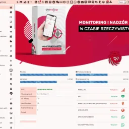 Interfejs aplikacji SpyPhone z informacjami o monitoringu i nadzorze w czasie rzeczywistym, w tym status baterii, pamięci, połączeń sieciowych i dostępnych aplikacji.