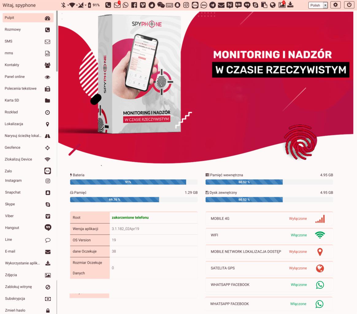 Interfejs aplikacji SpyPhone z informacjami o monitoringu i nadzorze w czasie rzeczywistym, w tym status baterii, pamięci, połączeń sieciowych i dostępnych aplikacji.