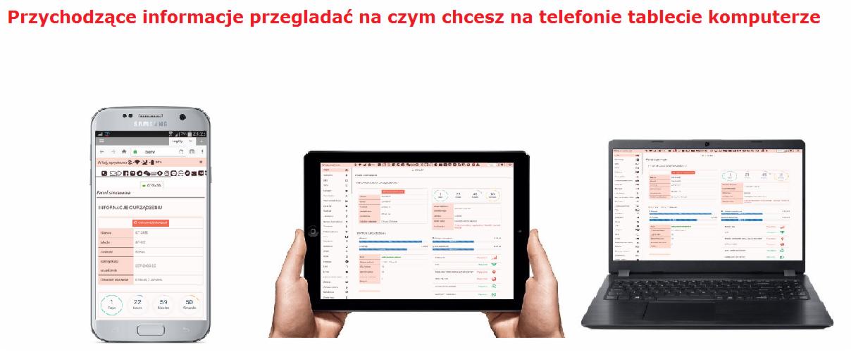 Prezentacja interfejsu oprogramowania na smartfonie, tablecie i laptopie z widocznymi danymi i statystykami.