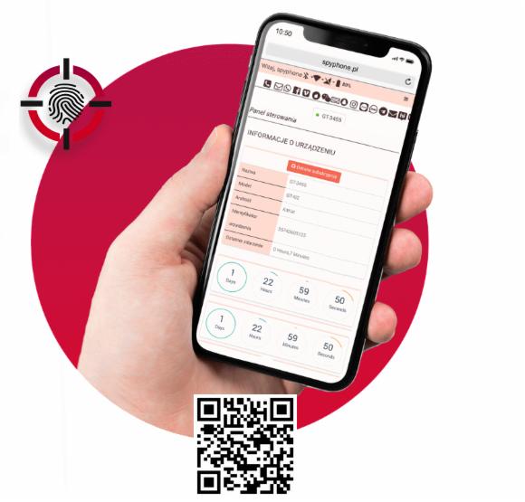 Smartfon w dłoni wyświetlający panel sterowania z informacjami o urządzeniu, w tle czerwone koło z symbolem odcisku palca w celowniku i kod QR.
