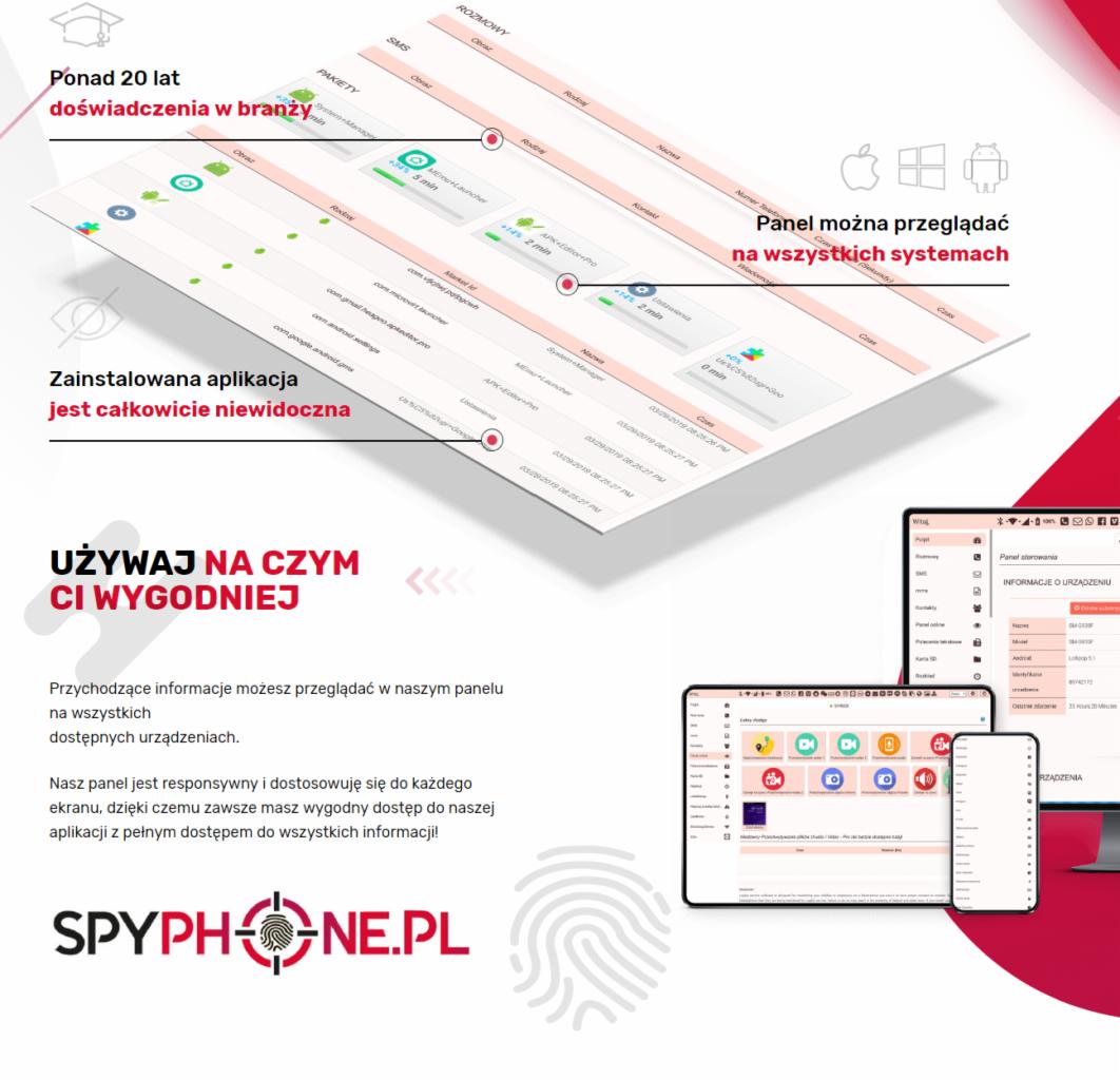 Interfejs panelu online z listą SMS-ów, połączeń i pakietów danych, dostępny na różnych systemach operacyjnych, z hasłem 'Zainstalowana aplikacja jest całkowicie niewidoczna' oraz adresem strony...