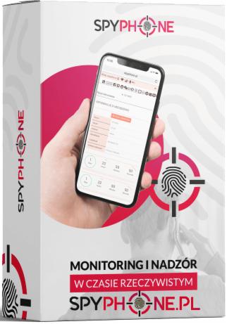 Pudełko produktu SpyPhone z dłonią trzymającą smartfon z uruchomioną aplikacją do monitoringu, na tle sylwetka osoby z lornetką.