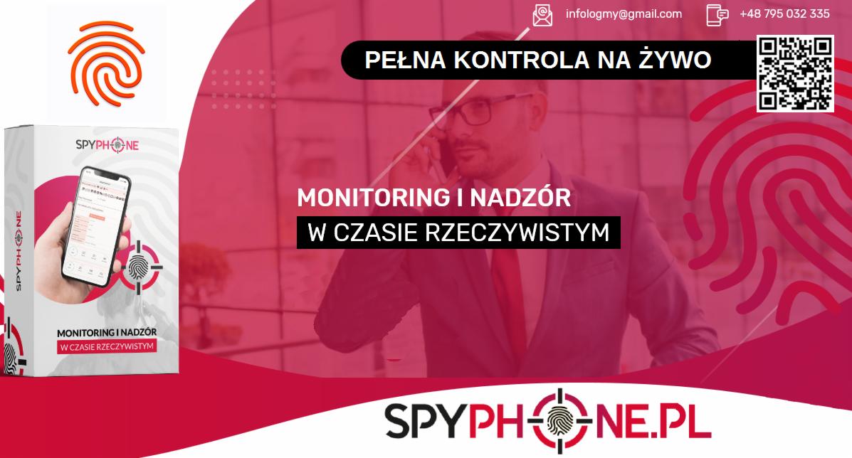 Grafika reklamowa oprogramowania szpiegującego Spyphone.pl, prezentująca pudełko produktu, logo z odciskiem palca w celowniku, mężczyznę w garniturze rozmawiającego przez telefon oraz hasła 'Pełna...
