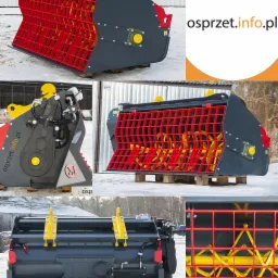 Mieszalnik do betonu MTP na palecie, widok z różnych perspektyw: z boku z czerwonymi kratami i żółtymi hakami, z tyłu z widocznymi elementami hydraulicznymi, oraz zbliżenie na wnętrze z żółtymi...