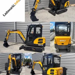 Żółto-czarna minikoparka Wolf WE-18 na gąsienicach, prezentowana z różnych perspektyw na szarym tle blaszanej hali.