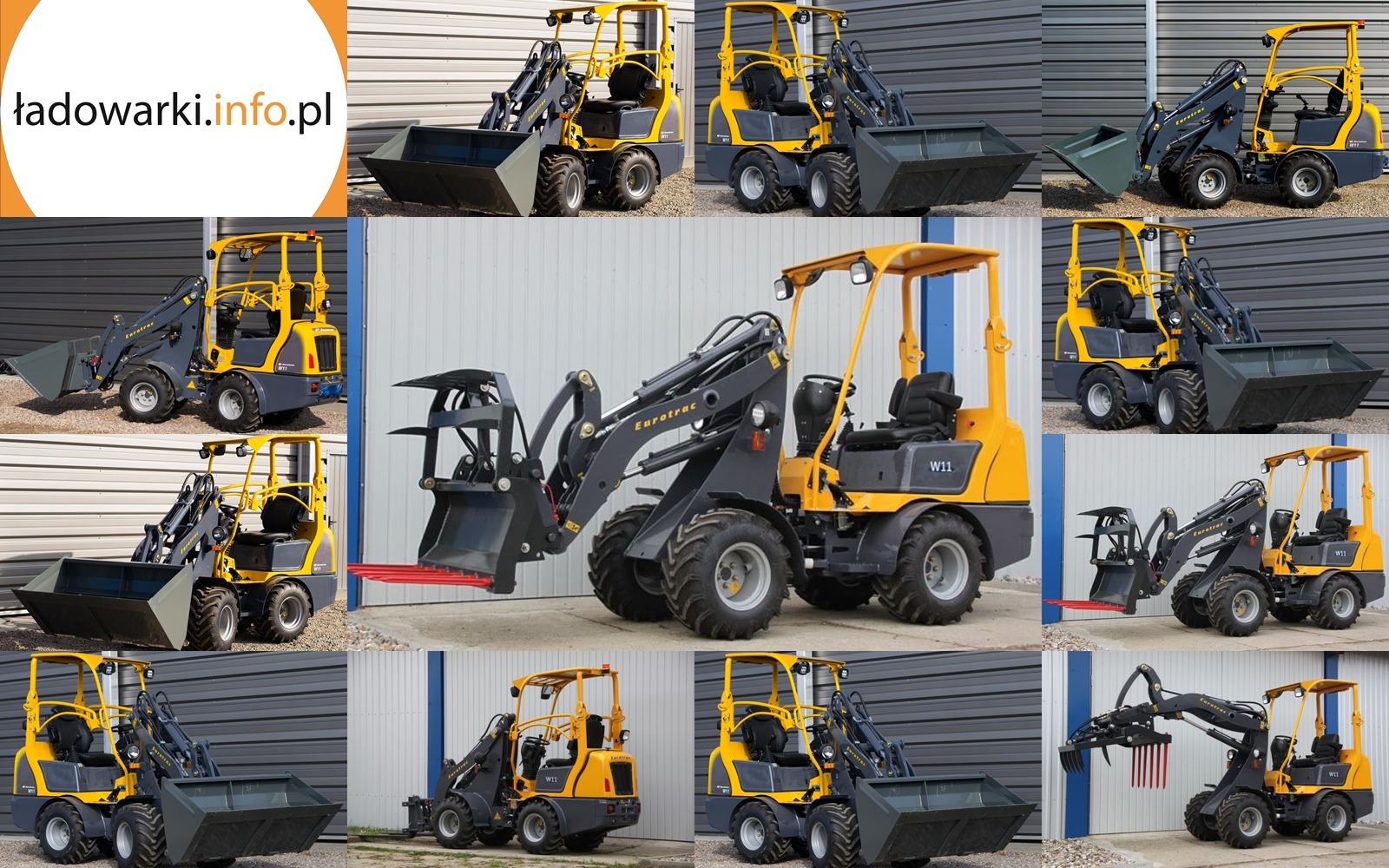 Kompozycja z kilkunastu ujęć żółto-szarej maszyny budowlanej EUROTRAC W11 z różnymi akcesoriami roboczymi, prezentowana na tle szarej ściany z blachy trapezowej.