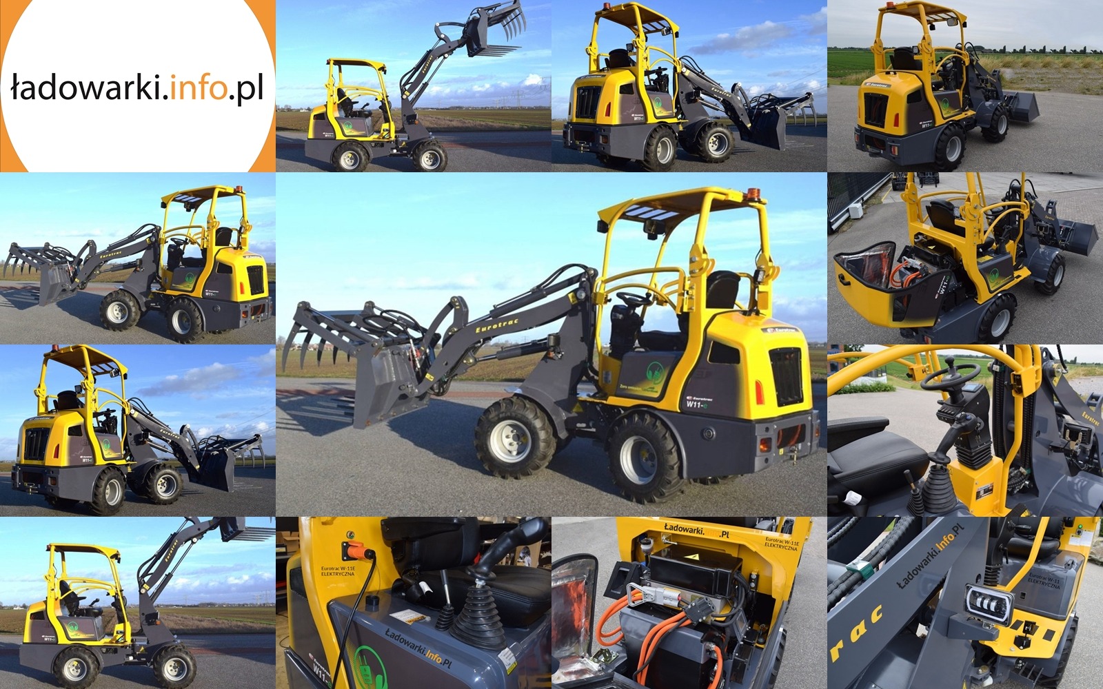 Kompozycja zdjęć prezentujących żółto-szarą maszynę budowlaną EUROTRAC W11-E z różnymi narzędziami roboczymi, w tym chwytakiem do bel i łyżką, z detalami konstrukcyjnymi i widocznym napisem...