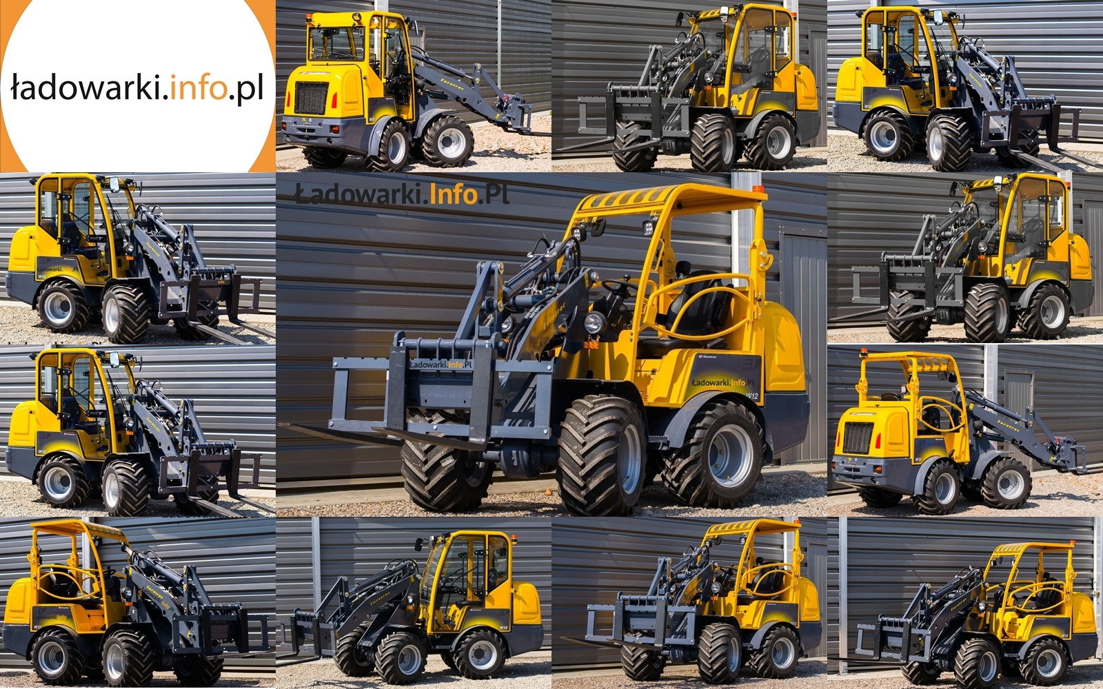 Kompozycja z widokami żółtej maszyny budowlanej EUROTRAC W12 z osprzętem do palet na tle szarej ściany z blachy trapezowej.