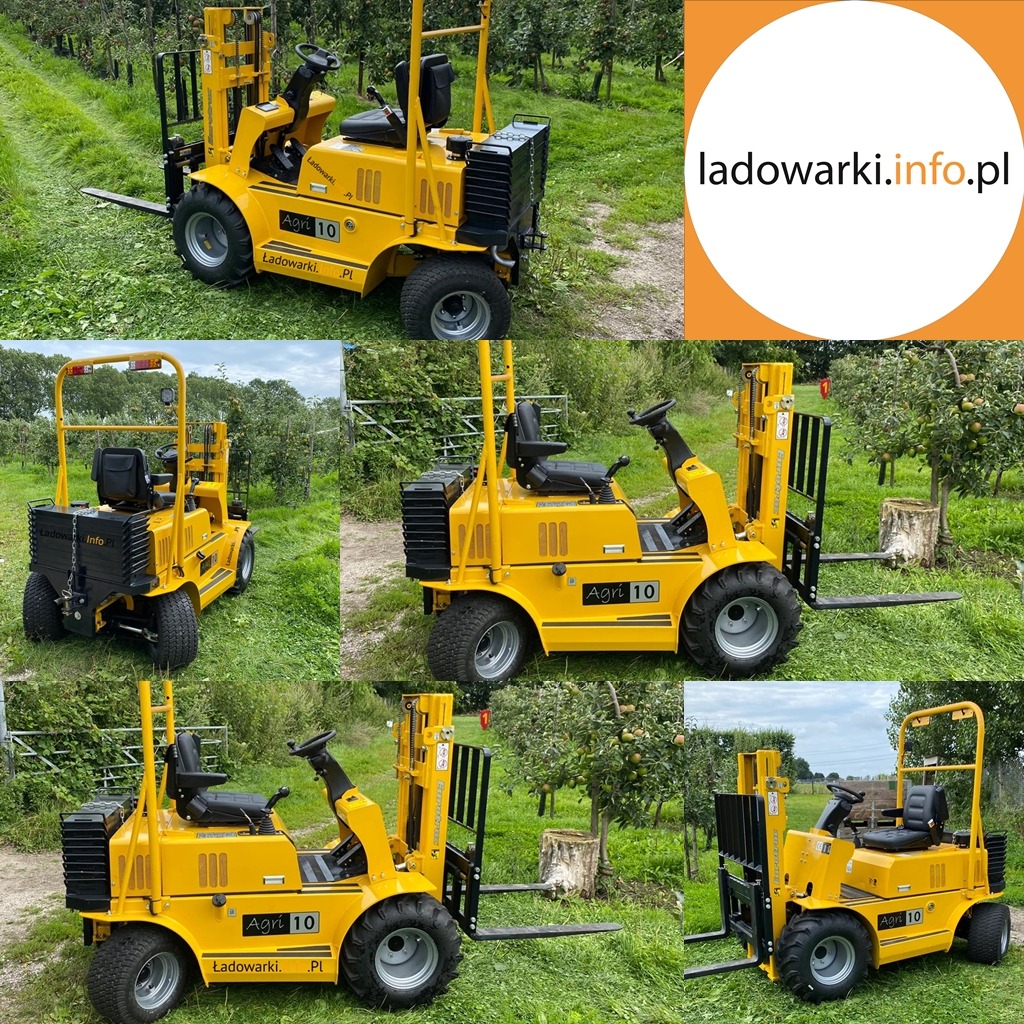 Żółty wózek widłowy terenowy Eurotrac Agri 10 na trawiastym terenie sadu, prezentowany z różnych perspektyw w formie kolażu.