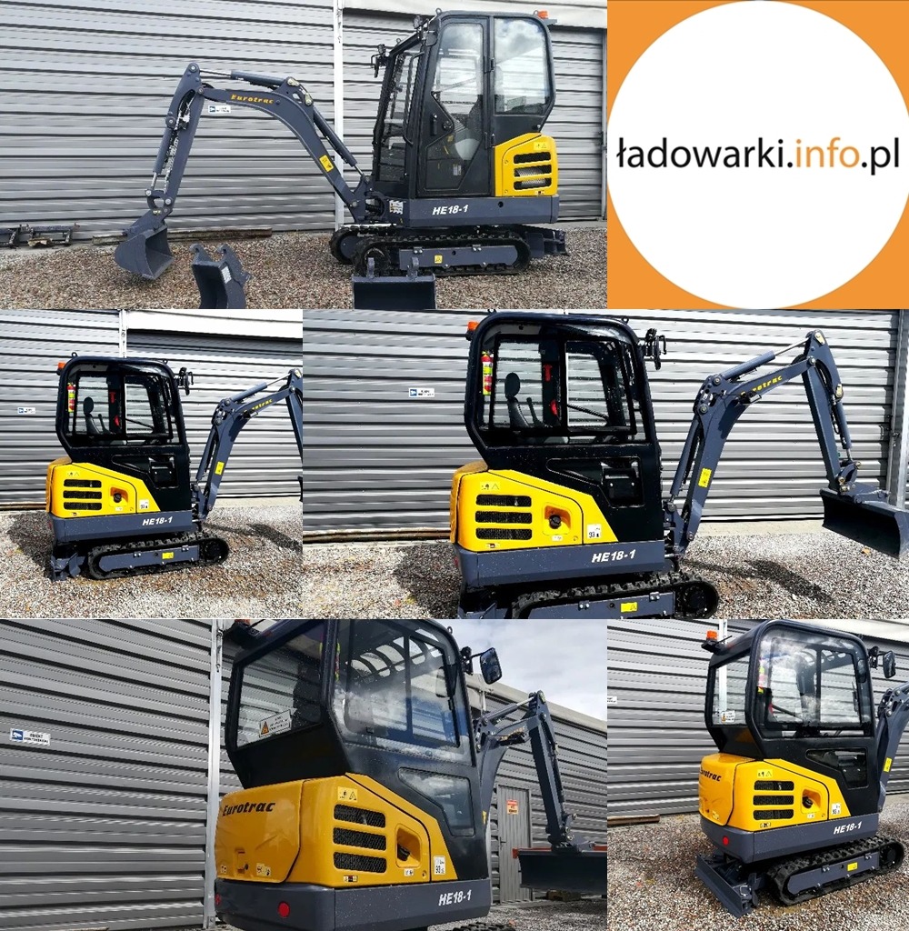 Kompozycja zdjęć nowej, żółto-czarnej minikoparki Eurotrac HE18-1 na tle szarej, metalowej ściany garażu. Na jednym ze zdjęć widoczny znak wodny z adresem strony internetowej.