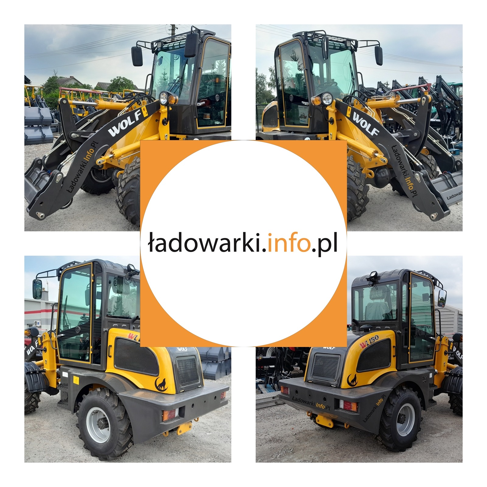 Kompozycja z czterech ujęć żółto-czarnej maszyny budowlanej WOLF z łyżką, prezentująca detale z przodu i z tyłu, z widocznym napisem 'ładowarki.info.pl' na ramieniu łyżki i tylnym zderzaku.