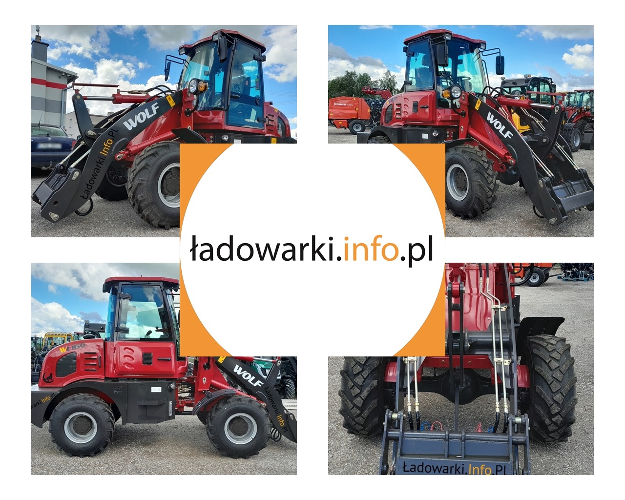 Kompozycja z czterech ujęć czerwonej maszyny budowlanej WOLF z łyżką, prezentująca ją z różnych perspektyw na placu, z widocznym logo i adresem strony internetowej na ramieniu łyżki.