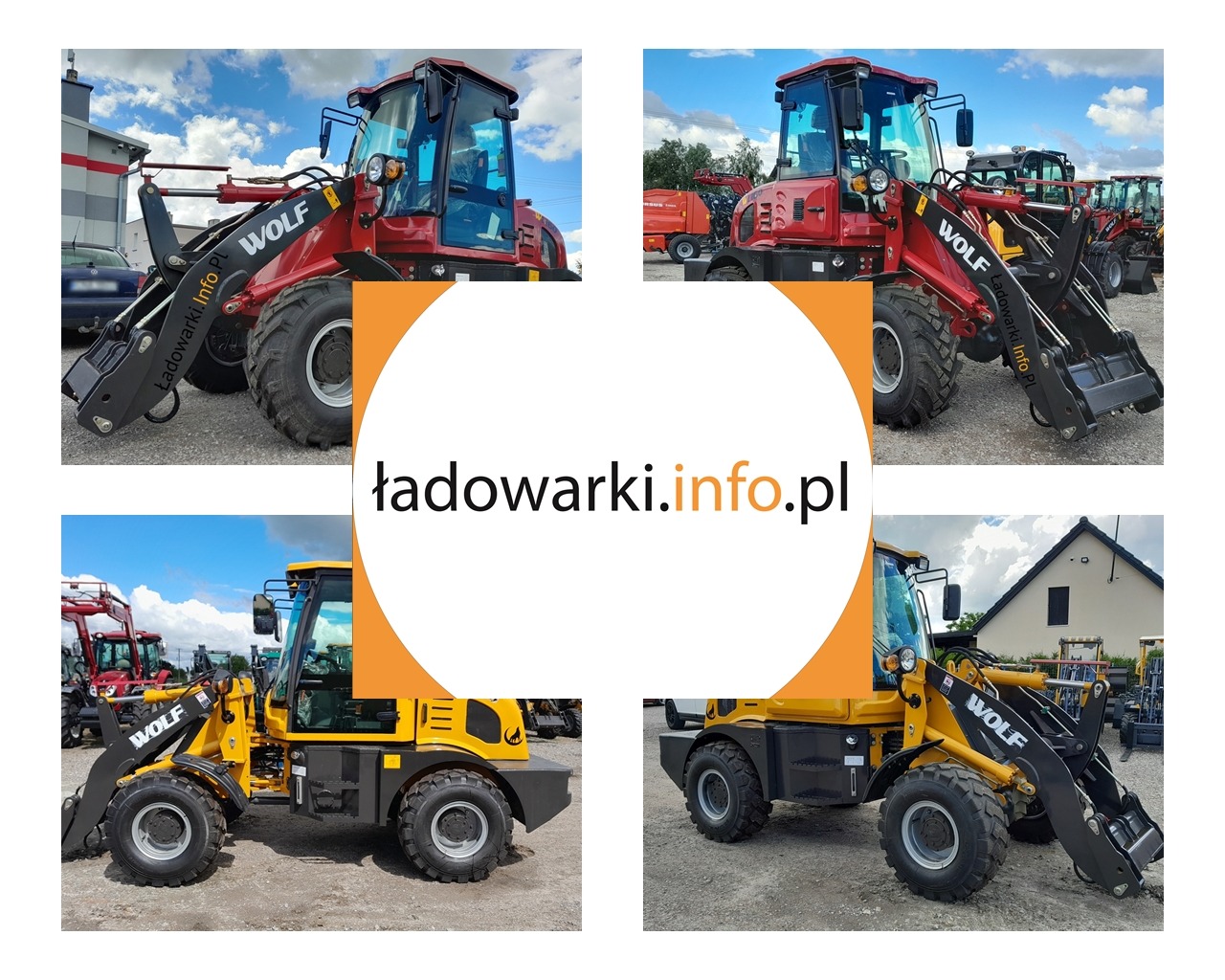 Kompozycja czterech ujęć: czerwona i żółta maszyna budowlana marki WOLF z łyżką z przodu, na placu składowym z innymi maszynami w tle, widoczne logo marki na ramieniu.