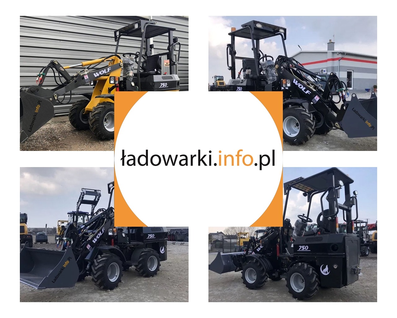 Kompozycja czterech ujęć kołowej maszyny budowlanej WOLF 750, prezentowanych z różnych perspektyw na placu. Dwa ujęcia przedstawiają maszynę w kolorze żółtym, pozostałe w czarnym. Na każdym z ujęć...