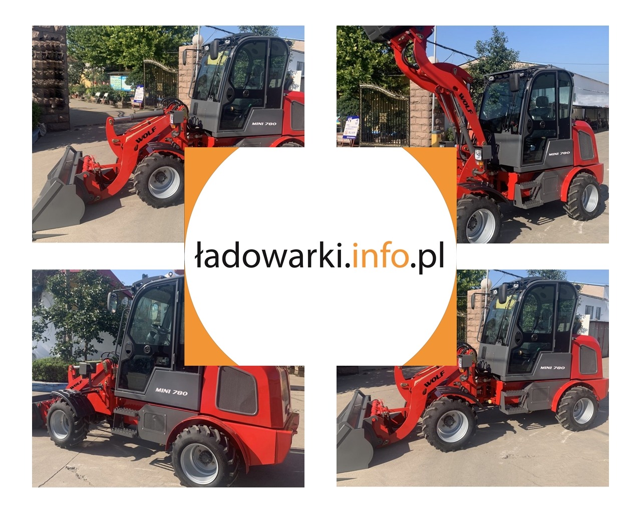 Kompozycja z czterech ujęć czerwonej ładowarki kołowej WOLF MINI 780 na zewnątrz, prezentująca różne perspektywy maszyny, z adresem strony internetowej nałożonym na środek.