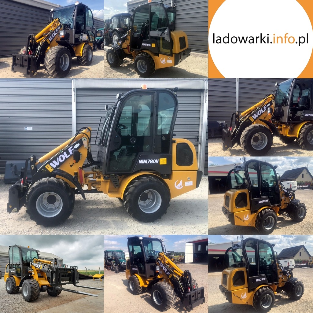Kompozycja z dziewięciu ujęć żółtej, kompaktowej maszyny budowlanej WOLF MINI780H, prezentująca ją z różnych perspektyw i w różnych ustawieniach, z widocznym adresem strony internetowej w prawym...