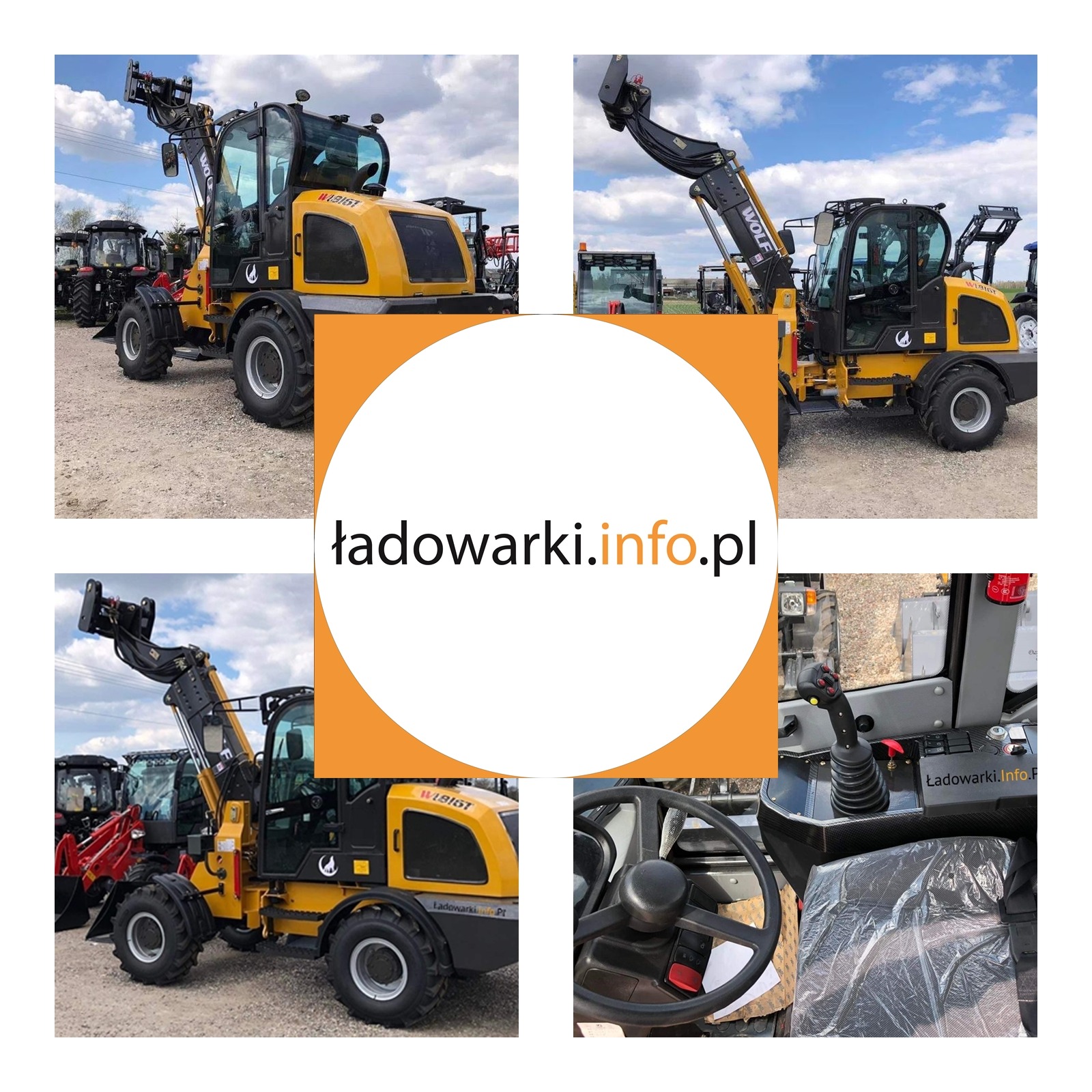 Kompozycja z czterech ujęć żółto-czarnej maszyny budowlanej WOLF: z boku na żwirowym podłożu, z przodu na tle innych maszyn, zbliżenie na kabinę z kierownicą i joystickiem, oraz widok z boku...