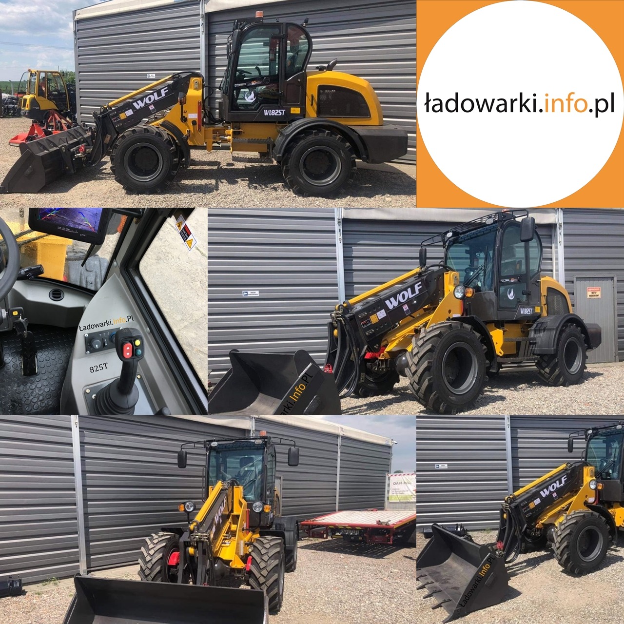 Żółto-czarna maszyna budowlana WOLF W182ST prezentowana z różnych perspektyw, w tym zbliżenie na kabinę operatora z joystickiem i ekranem.