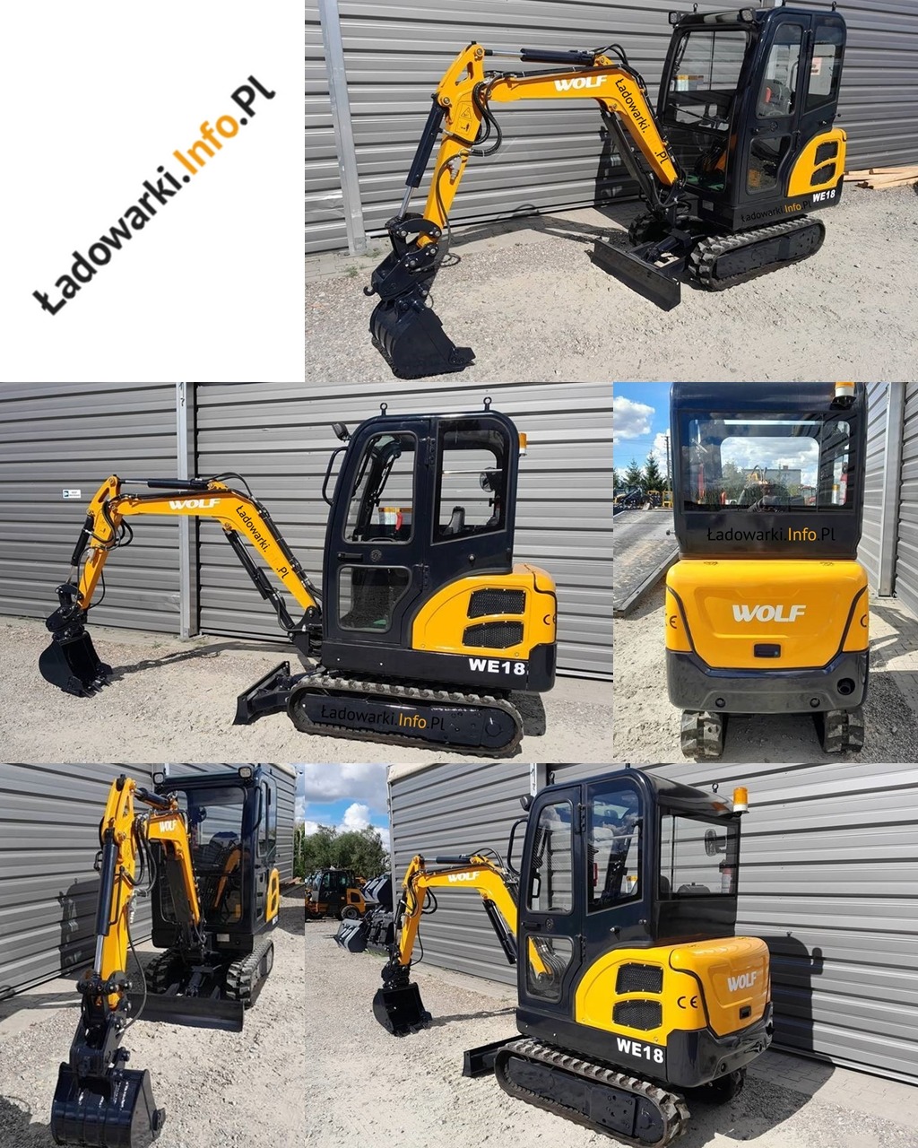 Żółto-czarna minikoparka Wolf WE-18 na gąsienicach, prezentowana z różnych perspektyw na szarym tle blaszanej hali.