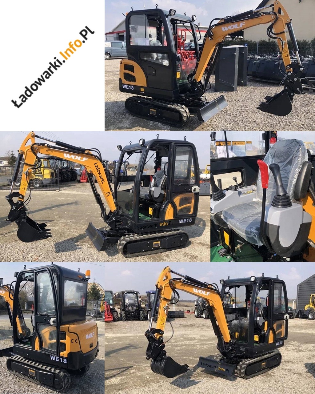 Żółto-czarna minikoparka WOLF WE18 na gąsienicach, prezentowana z różnych perspektyw, widoczne detale kabiny i ramienia kopiącego, na placu budowy.