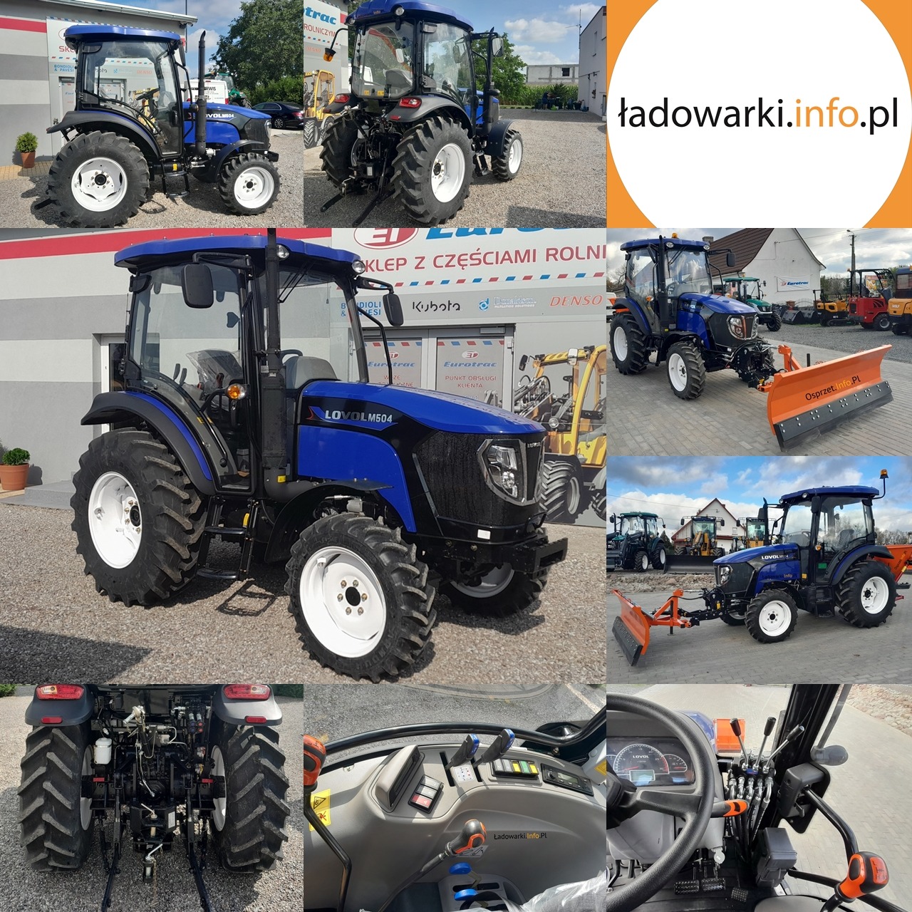 Kolaż zdjęć niebieskiego ciągnika rolniczego LOVOL M504 z różnymi perspektywami, w tym zbliżenia na kabinę, tył i przód z pługiem śnieżnym, na tle placu z innymi maszynami rolniczymi i budynkiem...