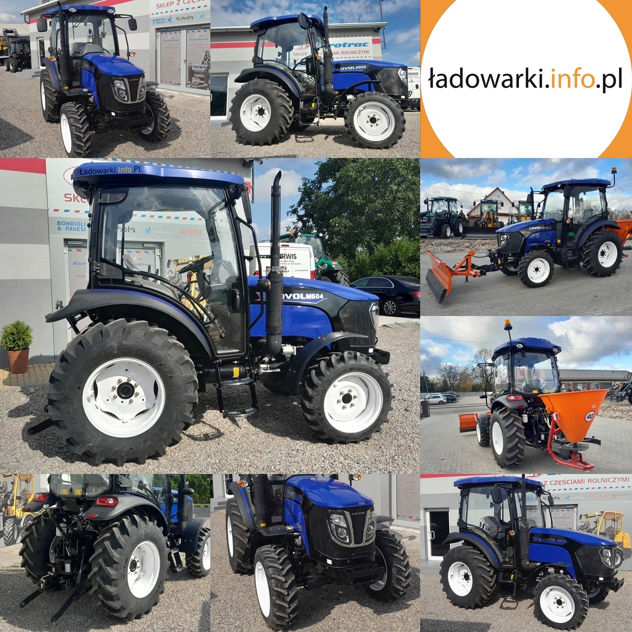 Kompozycja zdjęć niebieskiego ciągnika rolniczego LOVOL M504 z różnej perspektywy, prezentacja detali i wyposażenia dodatkowego, w tym pługu śnieżnego i rozsiewacza nawozów, na tle placu z innymi...