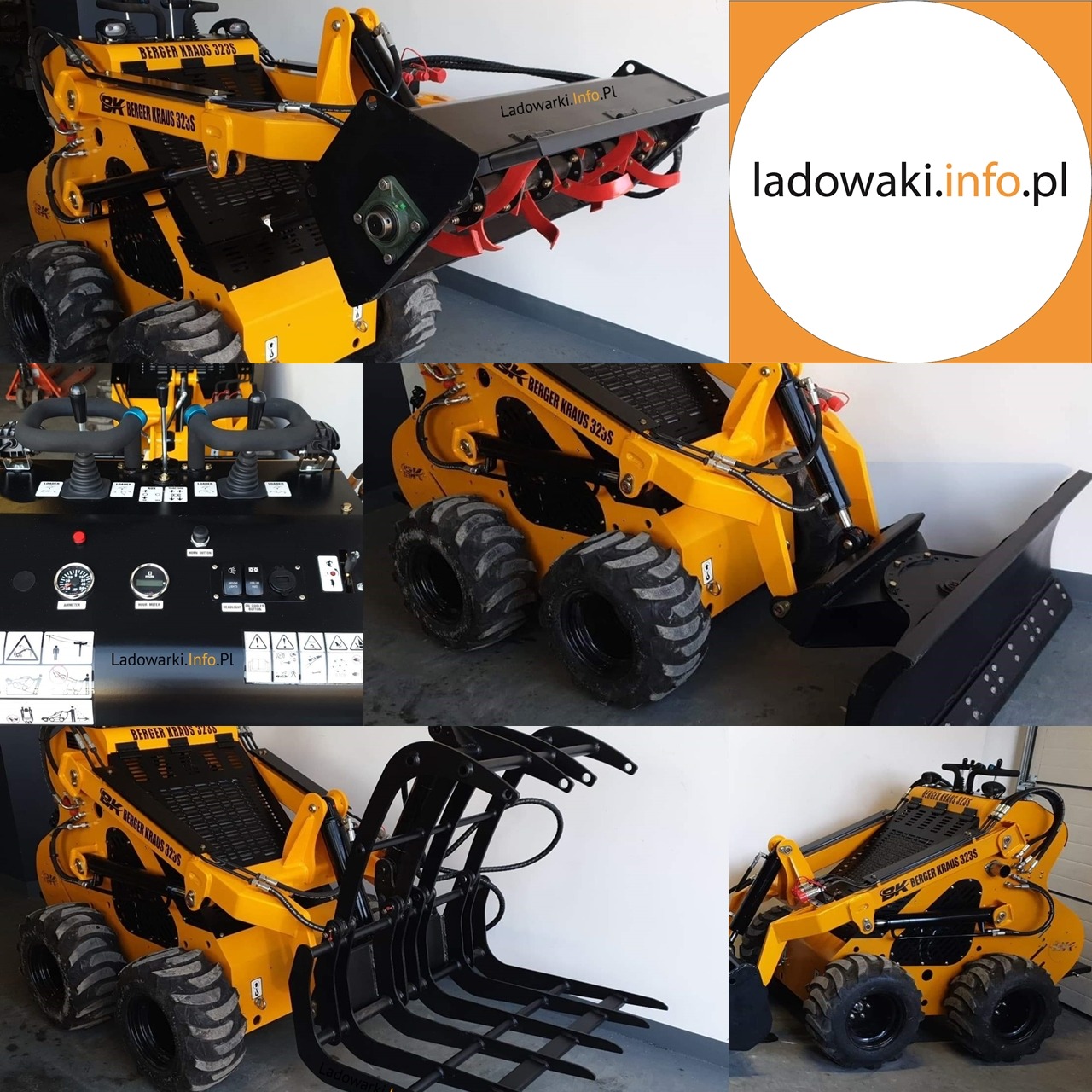 Żółta mini ładowarka Berger Kraus 323S z różnymi przystawkami: frezem, lemieszem i widłami, prezentowana na kolażu zdjęć ukazujących detale maszyny i jej osprzętu.