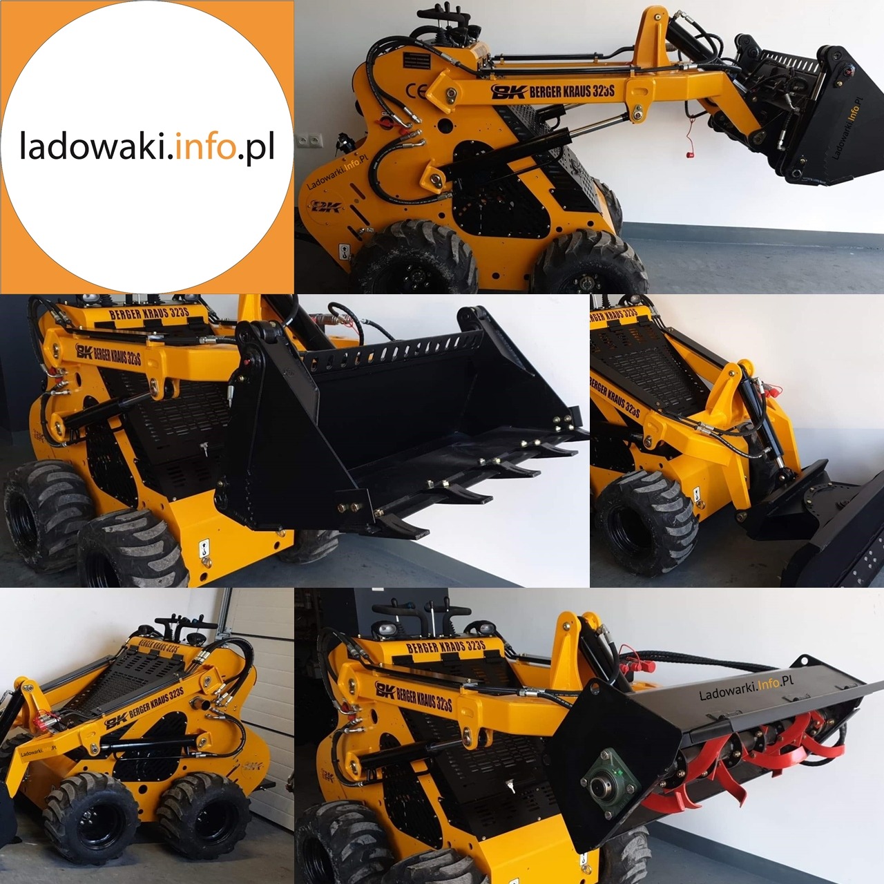 Żółta mini ładowarka kołowa Berger Kraus 323S na kolażowym zdjęciu z różnymi kątami ujęć, z widocznymi detalami łyżki i osprzętu, na jasnym tle. Na jednym z ujęć widoczny znak wodny strony...