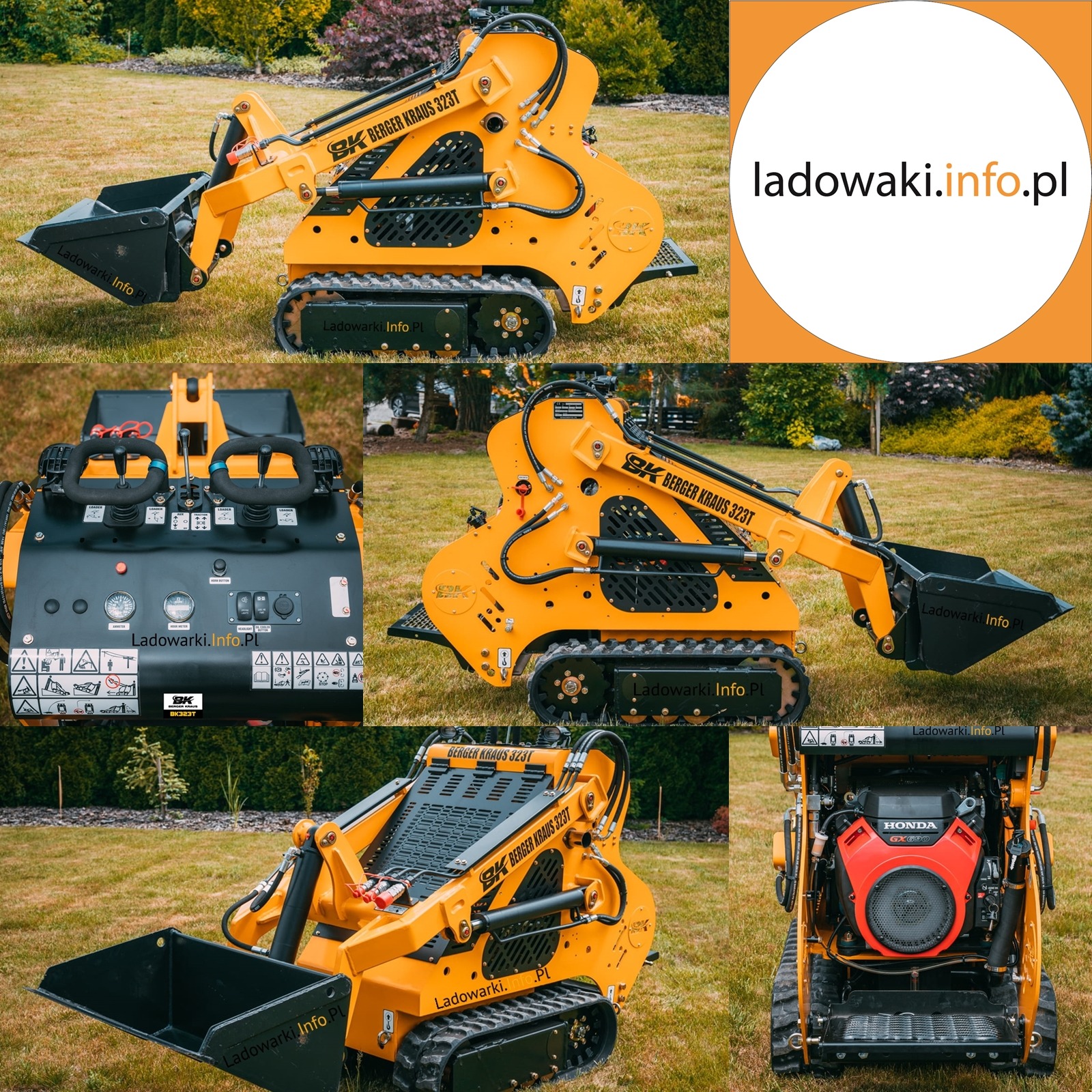 Żółta mini ładowarka gąsienicowa Berger Kraus 323T prezentowana na tle zielonego trawnika, z widocznymi detalami konstrukcyjnymi, takimi jak gąsienice, ramię z łyżką i silnik Honda GX690.