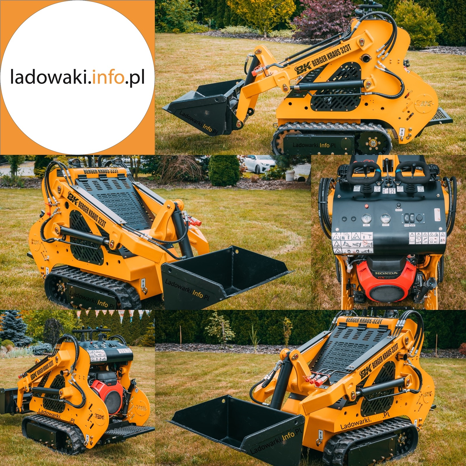Żółta mini ładowarka gąsienicowa Berger Kraus 323T sfotografowana z różnych perspektyw na trawniku w Opolu, z widocznym czarnym osprzętem i detalami konstrukcyjnymi.