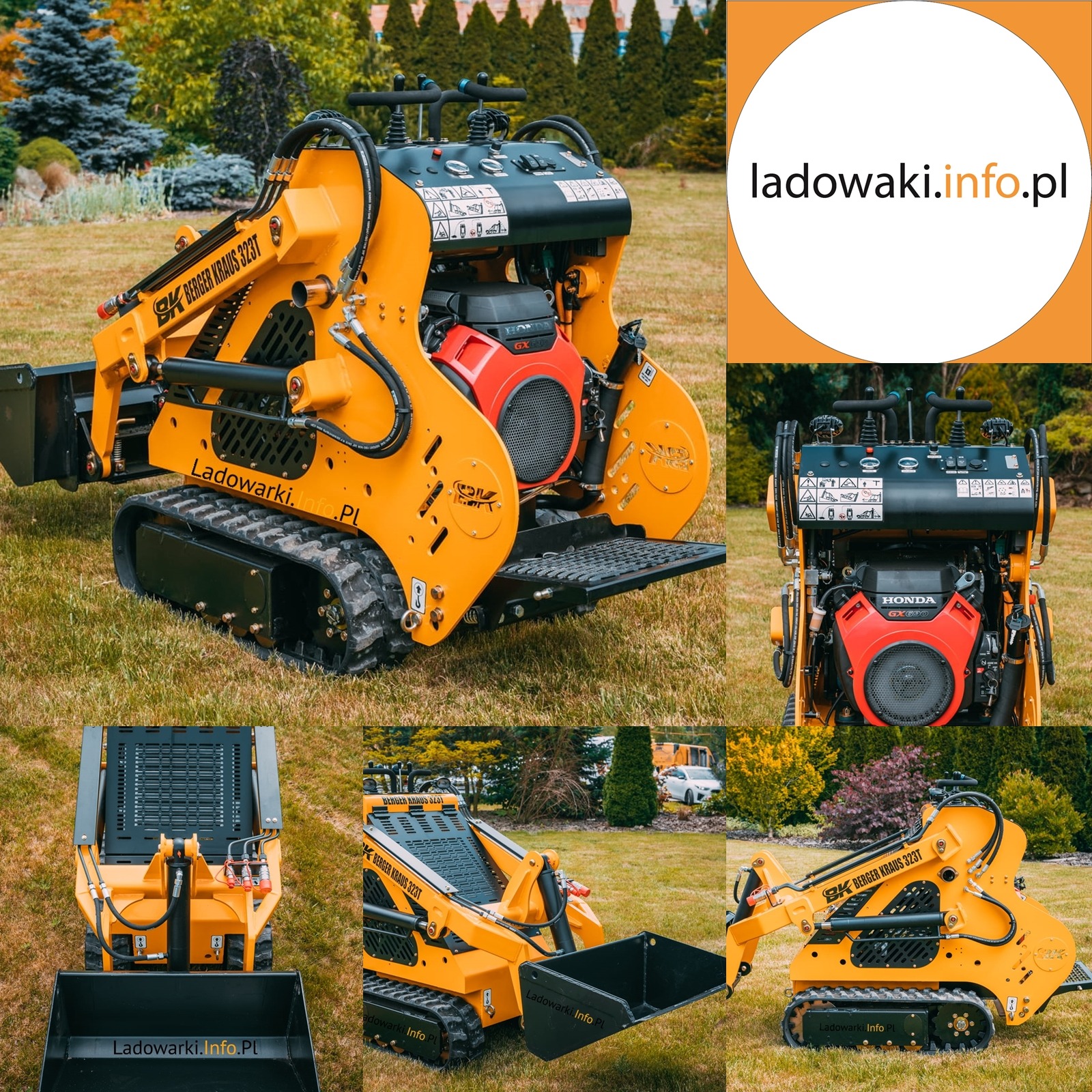 Żółta mini ładowarka gąsienicowa Berger Kraus 323T prezentowana z różnych perspektyw na tle trawnika i zieleni, z widocznym silnikiem Honda GX690 i oznaczeniami producenta.