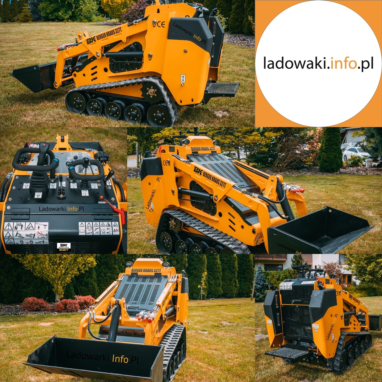 Kompozycja z pięciu ujęć mini ładowarki gąsienicowej Berger Kraus 327T na trawniku, prezentująca detale konstrukcji i sterowania, z logo ladowarki.info.pl.