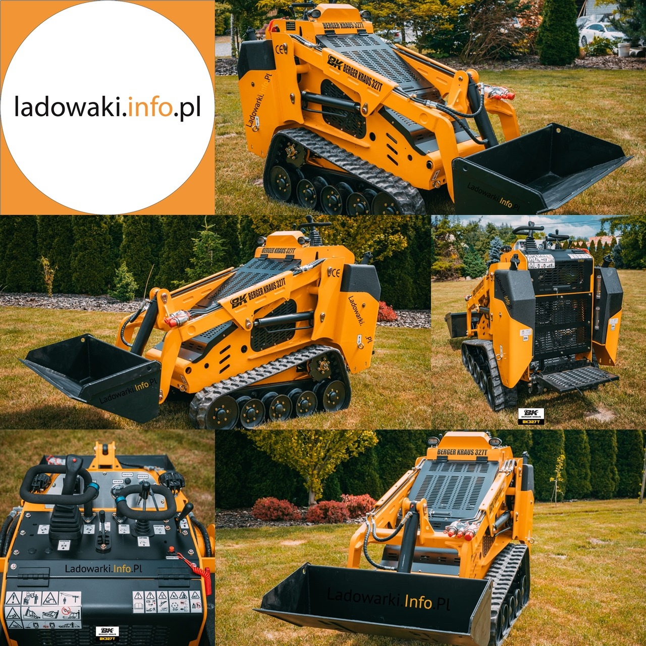Pomarańczowa mini ładowarka gąsienicowa Berger Kraus 327T prezentowana na trawniku z różnych perspektyw, z widocznymi detalami konstrukcyjnymi i elementami sterującymi.