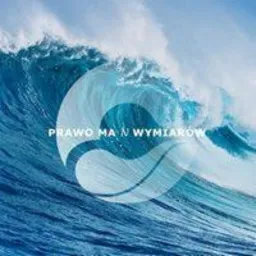Stylizowana fala morska z nałożonym tekstem 'PRAWO MA N WYMIARÓW' i logotypem w kształcie uproszczonej kropli wody.