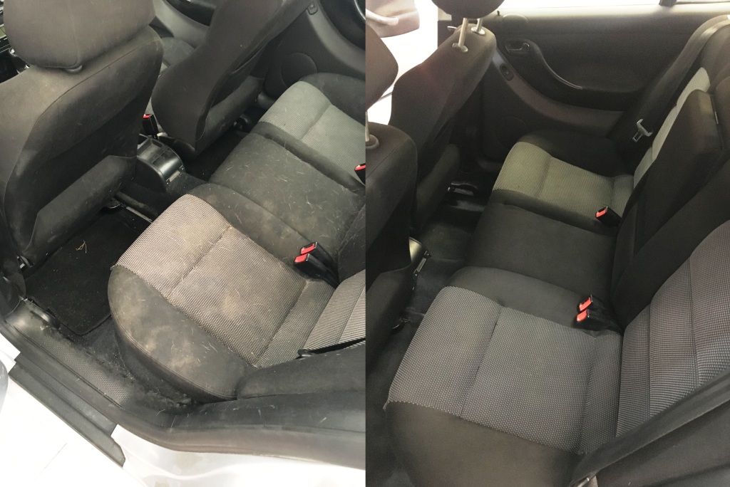 Porównanie tylnych siedzeń samochodu przed i po czyszczeniu, widoczna wyraźna różnica w ilości sierści i zabrudzeń na tapicerce.