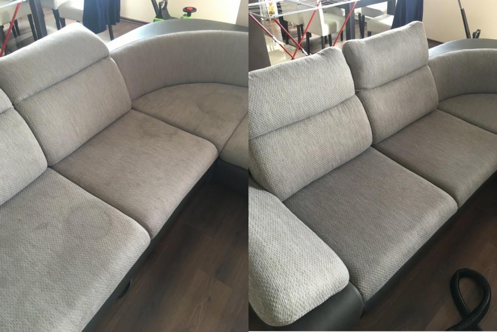 Porównanie czyszczenia narożnika: po lewej stronie widoczne plamy i zabrudzenia, po prawej narożnik po czyszczeniu, z wyraźnie jaśniejszym i czystym obiciem.