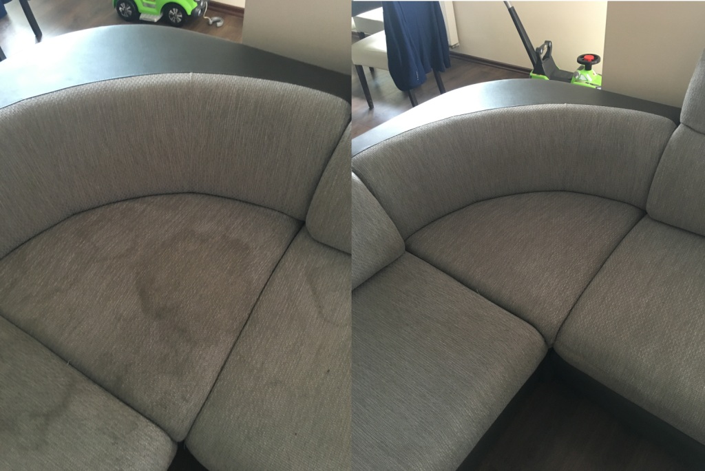 Porównanie fragmentu narożnika tapicerowanego przed i po czyszczeniu: widoczna wyraźna różnica w odcieniu i usunięcie plamy.