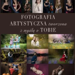 Kolaż zdjęć portfolio fotografa: portrety kobiet, dzieci, sesje rodzinne, ciążowe i noworodkowe, z logo i danymi kontaktowymi.