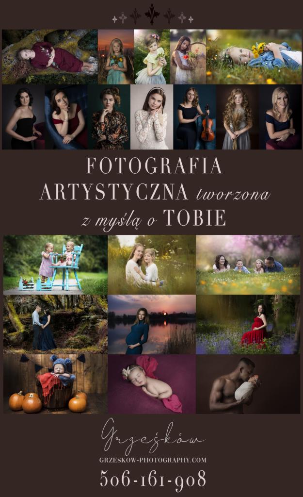 Kolaż zdjęć portfolio fotografa: portrety kobiet, dzieci, sesje rodzinne, ciążowe i noworodkowe, z logo i danymi kontaktowymi.