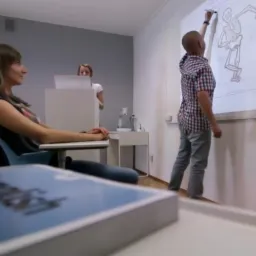 Lekcja w sali: nauczyciel rysuje szkielet na interaktywnej tablicy, uczniowie siedzą w ławkach, w tle logo szkoły językowej.