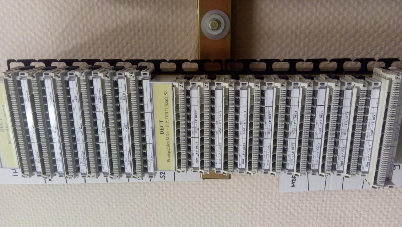 Szczegółowe ujęcie panelu krosowniczego DECT z licznymi modułami, widoczne oznaczenia 'MDF -> P.P. DECT' na każdym module, montaż na metalowej szynie z białym tłem.