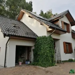 Nowoczesny dom jednorodzinny z białą elewacją, brązowymi okiennicami i dachem z ciemnej dachówki, zarośnięty bluszczem przy garażu, z drabiną opartą o ścianę i widocznymi wiadrami z farbą w garażu.