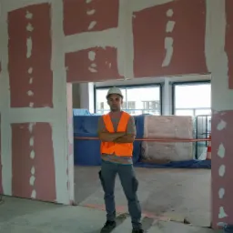 Mężczyzna w kasku i kamizelce odblaskowej stoi na tle ściany z płyt gipsowo-kartonowych w trakcie szpachlowania łączeń, widoczne okna w tle.