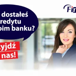 Uśmiechnięta kobieta w marynarce, obok dymek z pytaniem: 'Nie dostałeś kredytu w swoim banku?' i czerwony napis 'Przyjdź do nas!', logo Fines operator bankowy w prawym górnym rogu.